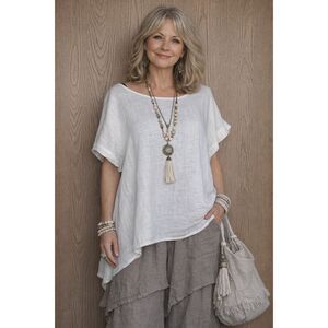 100% Linen Women’s M White Shirt Sleeve Tunic Lagenlook Top Terzo Millennio